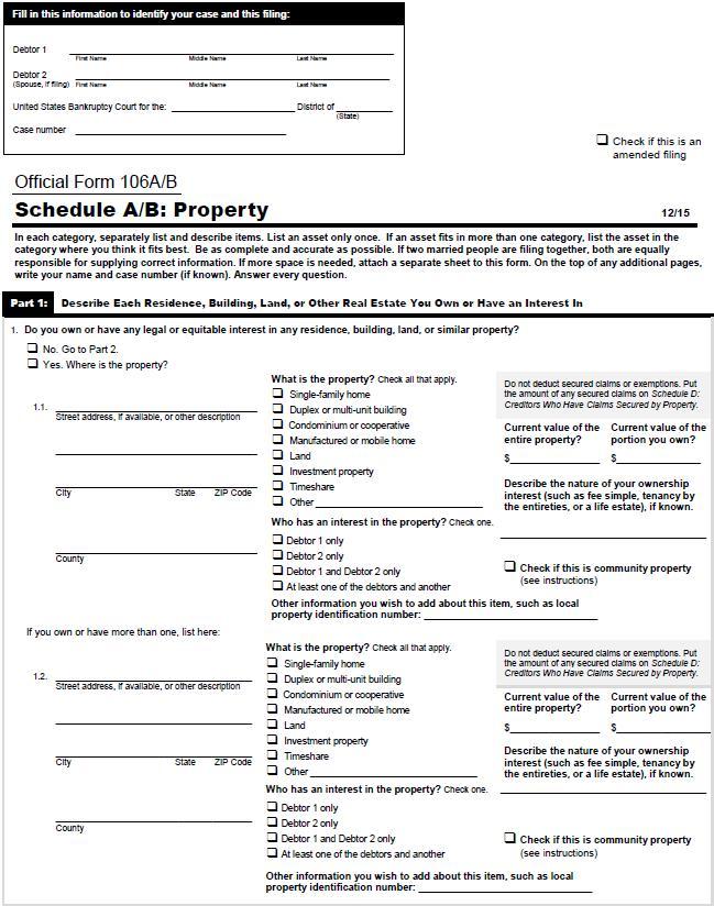, Schedule A/B: Property replaces Official Form 6A, Real Property and Official Form Part 1, Describe Each Residence, Building, Land, or Other Real Estate You Own or Have an Interest In, incorporates