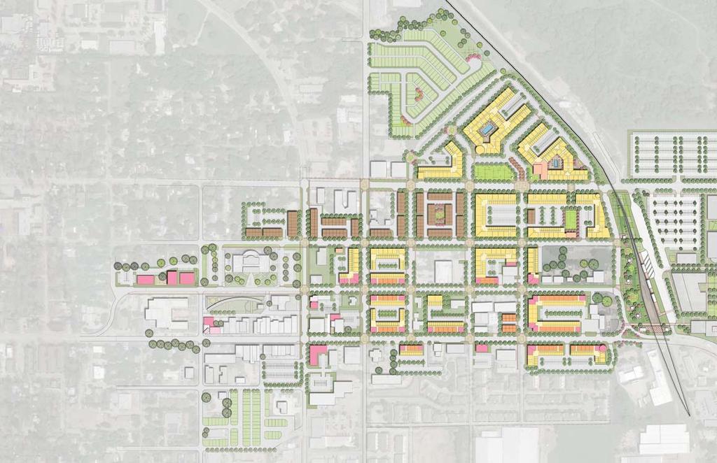 Master Plan Market-based focus shown on all development sites 8 developments highlighted as being catalytic: Two mixed-use Two restaurant Two urban apartment Two townhome College Emphasizes urbanity: