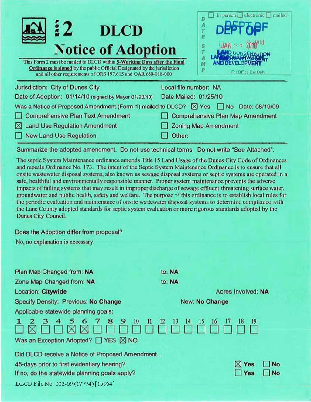 DLCD Notice of Adoption This Form 2 must be mailed to DI.