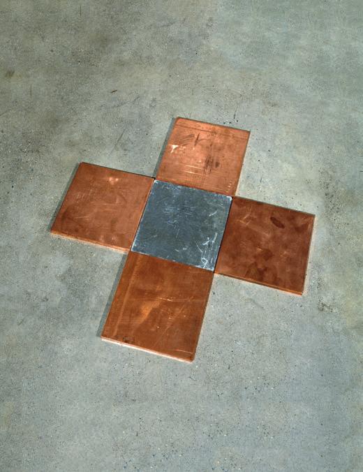 Carl Andre 1PB4CU Quincunx, 2003 One lead and four copper plates 24 24 3/8