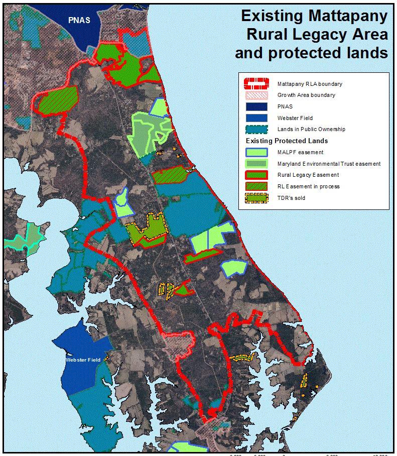 Land Preservation Accomplishments 3,043* total acres preserved in the Mattapany RLA Maryland Agriculture Land Preservation Foundation(MALPF) has 572 acres in easements Maryland Environmental Trust