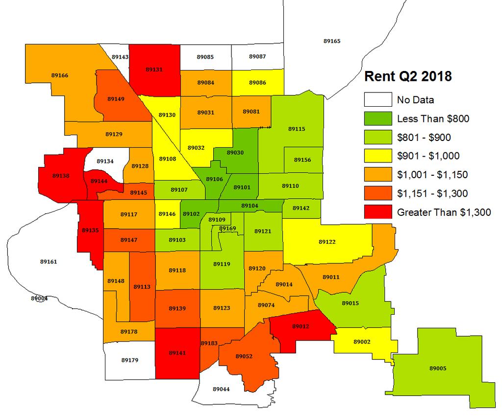 Figure 3: Apartment Rental Rates in Las Vegas 45 zip codes saw a quarterly increase in average asking rents while 7 zip codes saw a quarterly decrease in average asking rents.