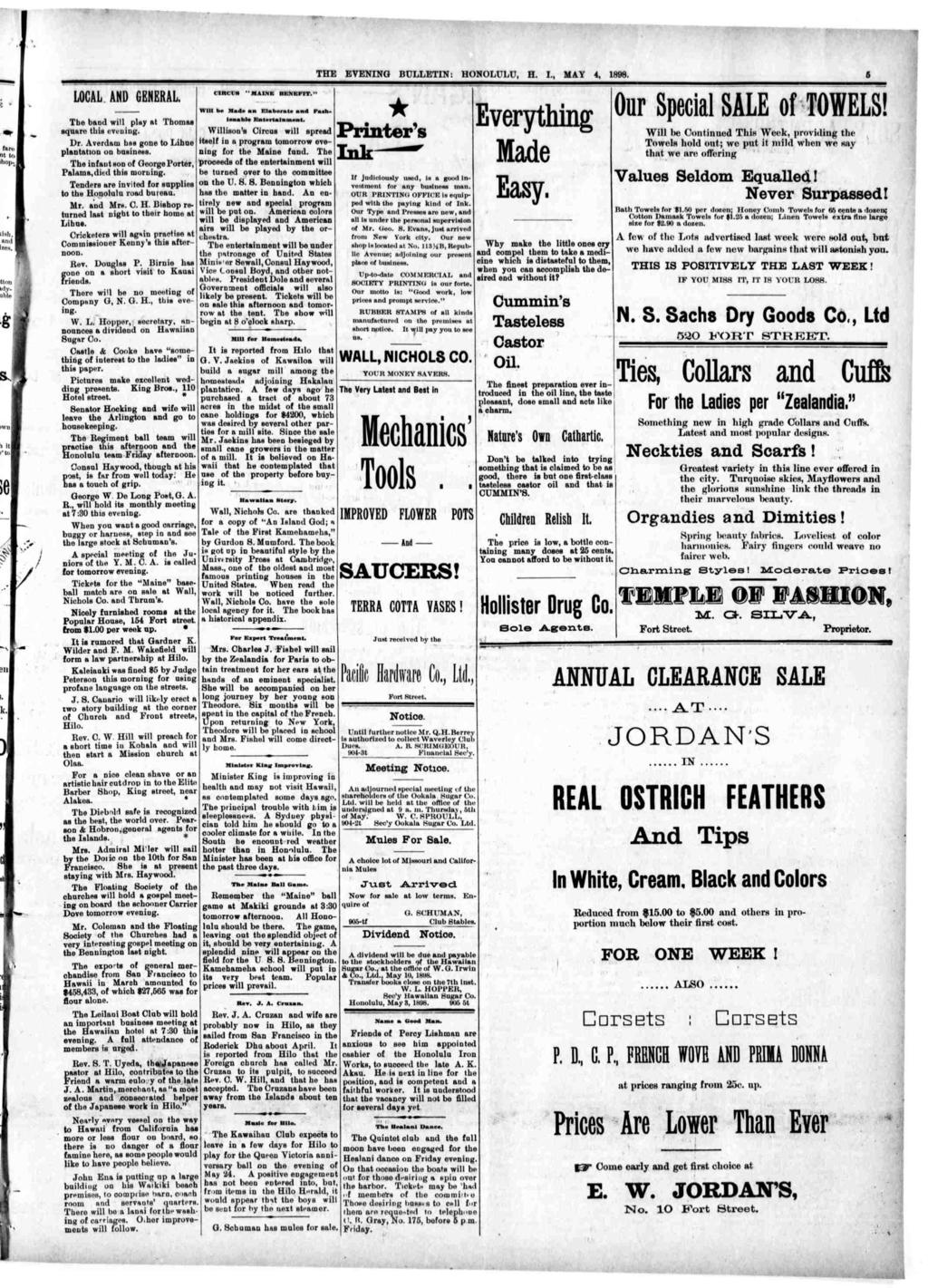 THE EVENNG BULLETN: HONOLULU, H, MAY 4, 1898 J LOCAL AND GENERAL Tbo band wll, play a Thomas squaro hs evenng Dr Averdam una gone o Lhno planaon on busness The nfauson George Porer, Palama,ded hs