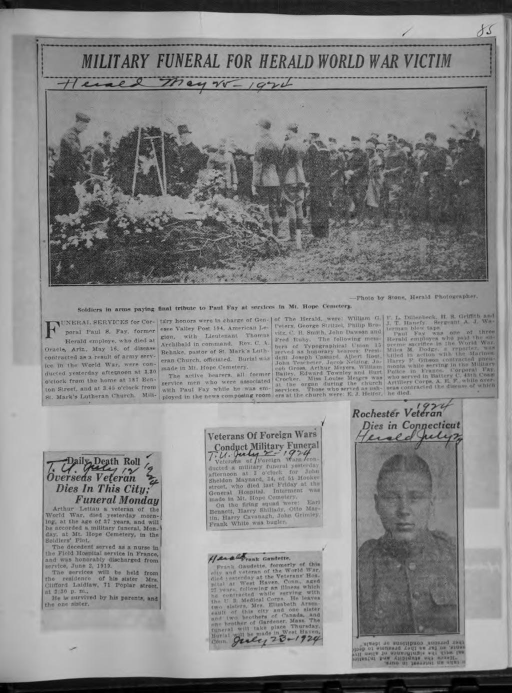Ed* ouae MLTARY FUNERAL FOR HERALD WORLD WAR VCTM "1 / PhOtO by Stone He Solders n arm* payng fnal trbute t Paul Fay at servces n Mt Hope ( Vm<tr> FUNERAL SERVCES for Cor poral Paul R Fay former