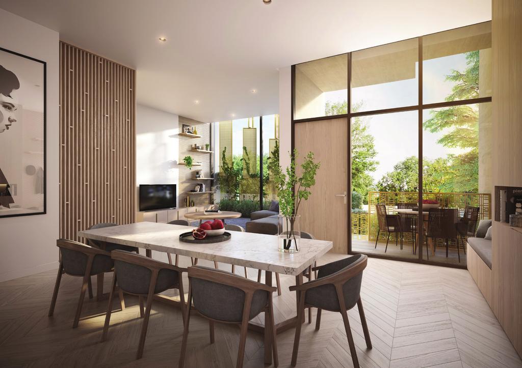Inspired living The light-filled, open plan living rooms feature a lounge area and dining area with expansive floor to ceiling windows.