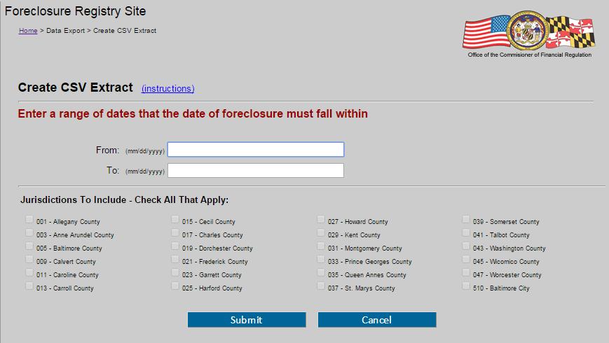 To download all registrations for foreclosure sales in a designated date range, click on Data Export Create