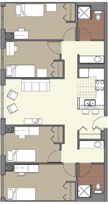 academic year (2005-2006). D. 4-Bedroom Apartment (for Single Students) (four shared bedrooms with two bathrooms in the unit and a living room and kitchen).