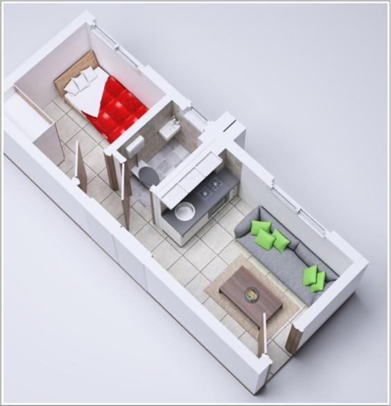 Option 2: One Bedroom Cozy Built up Area: 227 sq ft Special Features Import quality Kitchen & Wardrobes Fitted Kitchen - Countertop 2-burner, mini fridge, & microwave BUILT-IN!