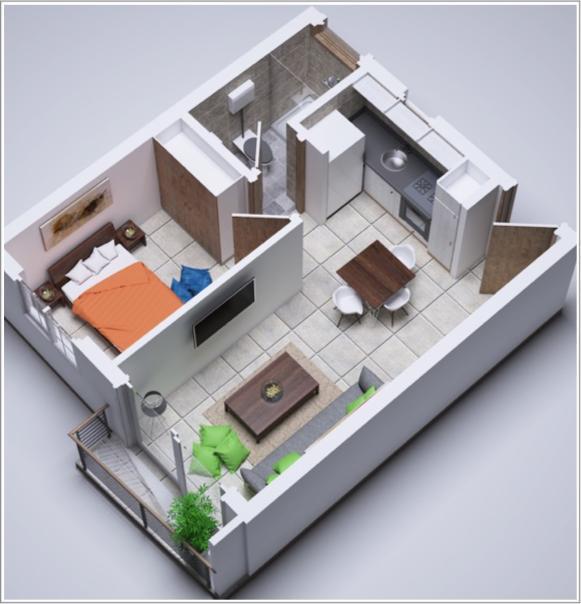 Option 3: One Bedroom Lux Built up Area: 323 sq ft Special Features Import quality Kitchen & Wardrobes Fitted Kitchen - Countertop 2-burner, mini fridge, & microwave BUILT-IN!