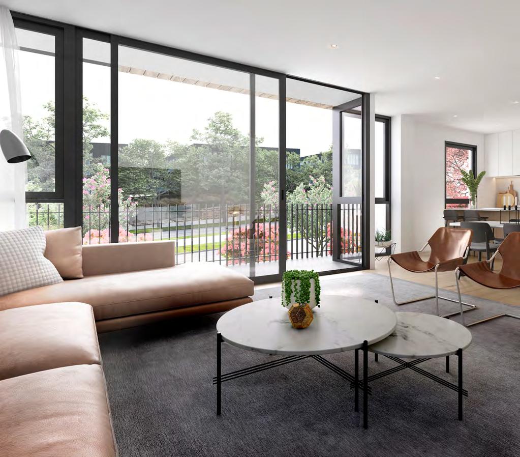 RELAX IN STYLE First floor open-plan living and dining areas continue the sleek contemporary design with warm timber flooring and an abundance of natural light streaming in through expansive windows.