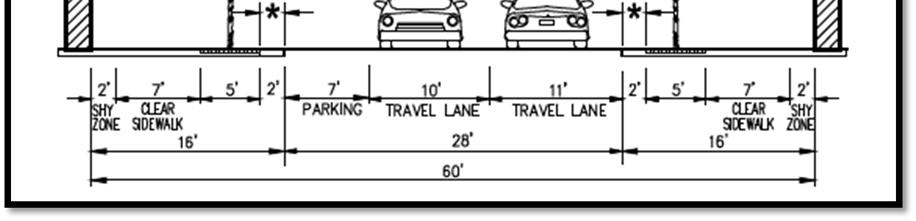 Similar in design, they would both contain two travel lanes, one lane of parking, and 16-foot sidewalks. Source: Design Guidelines, dated February 1, 2016, p. 23.