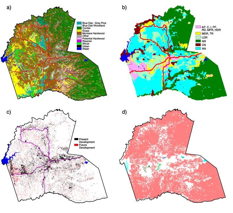Impacts of Development Saving and Greenwood Figure 2 a) land cover types from 1990 Hardwoods Pixel Data (Pacific Meridian Resources, 1994), b) 1996 El Dorado County Adopted General Plan land use