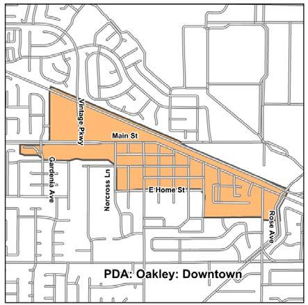 D-28 Contra Costa PDA Investment and Growth Strategy Update Oakley Downtown Transit Town Center OVERVIEW The Downtown Oakley PDA is a 146 acre area encompassing the historical downtown area of Oakley.