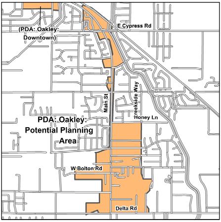 D-32 Contra Costa PDA Investment and Growth Strategy Update Oakley Potential Planning Area Transit Neighborhood OVERVIEW Oakley s Potential Planning Area PDA encompasses 232 acres located along