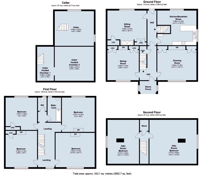 Door through to: Sitting Room Kitchen/Breakfast Room Drawing Room Dining Room Front Porch Stairs down to Cellar with three chambers Stairs to First Floor with landing Bedroom 1 Bedroom 2 Family