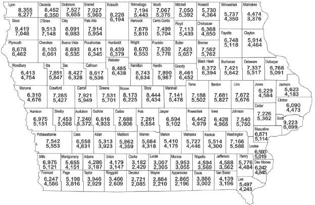 File C2-70 Page 5 Figure 2. 2011 Land values by county. County estimates of average dollar value per acre for Iowa farmland based on U.S. Census of Agriculture estimates and a Nov.