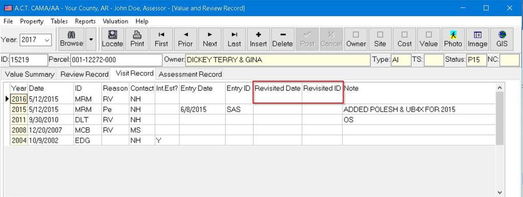 On Visit Record the Revisited ID/Date has been added to the grid where