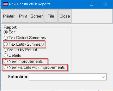 The New Construction dialog includes new reports: Tax Entity Summary Report, New