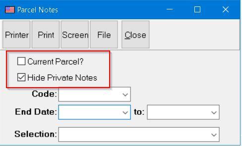 The Parcel Notes dialog allows for Private Notes to be excluded from