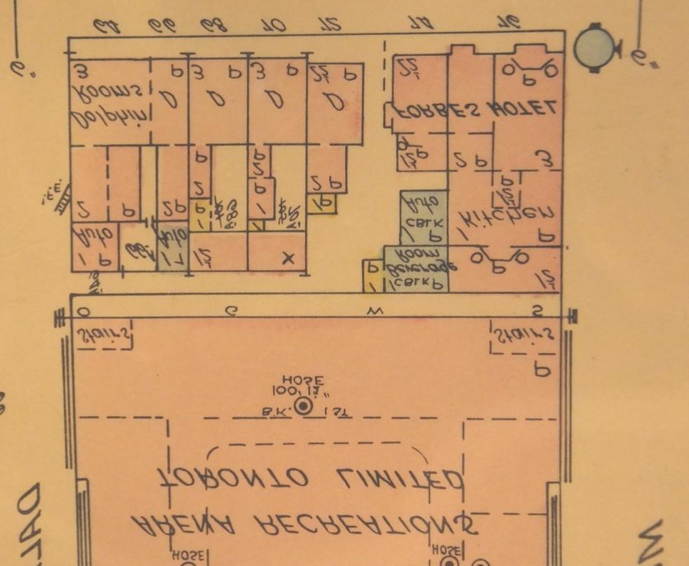 11. Goad's Atlas, 1923: showing the location of the Edward Cooper Houses, with Arena Gardens (future Mutual Street Arena) directly north (a fold in the map accounts for the distortion of the image)