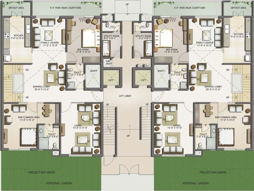 DUPLEX - II (GROUND FLOOR) DUPLEX-II GROUND FLOOR PLAN 5 BEDROOMS 4 TOILETS FAMILY LOUNGE DOUBLE HEIGHT UTILITY ROOM WITH TOILET DINING / LOUNGE KITCHEN WITH