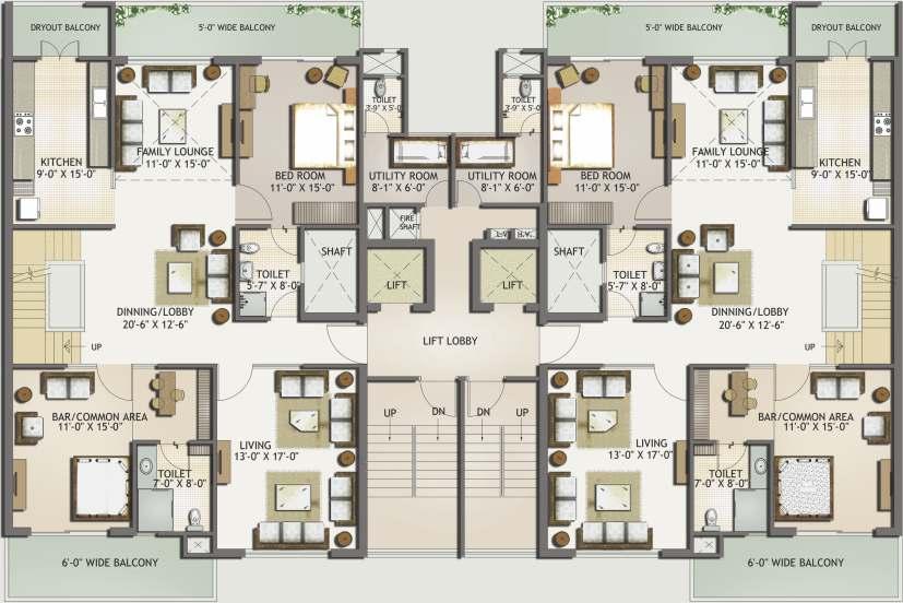 DUPLEX - II (LOWER FLOOR) DUPLEX-II LOWER FLOOR PLAN 5 BEDROOMS 4 TOILETS 1 GYMNASIUM FAMILY LOUNGE DOUBLE HEIGHT UTILITY ROOM WITH