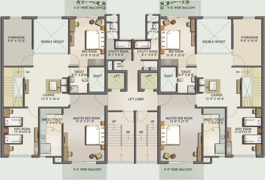 DUPLEX - II (UPPER FLOOR) DUPLEX-II UPPER FLOOR PLAN 5 BEDROOMS 4 TOILETS 1 GYMNASIUM FAMILY LOUNGE DOUBLE HEIGHT UTILITY ROOM WITH