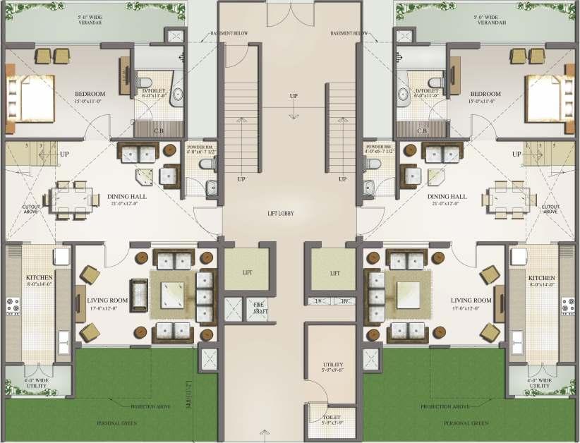 DUPLEX - I (GROUND FLOOR) DUPLEX-I GROUND FLOOR PLAN 4 BEDROOMS 3 TOILETS 1 POWDER ROOM UTILITY ROOM WITH TOILET DINING / LOBBY KITCHEN WITH UTILITY BALCONY BALCONIES