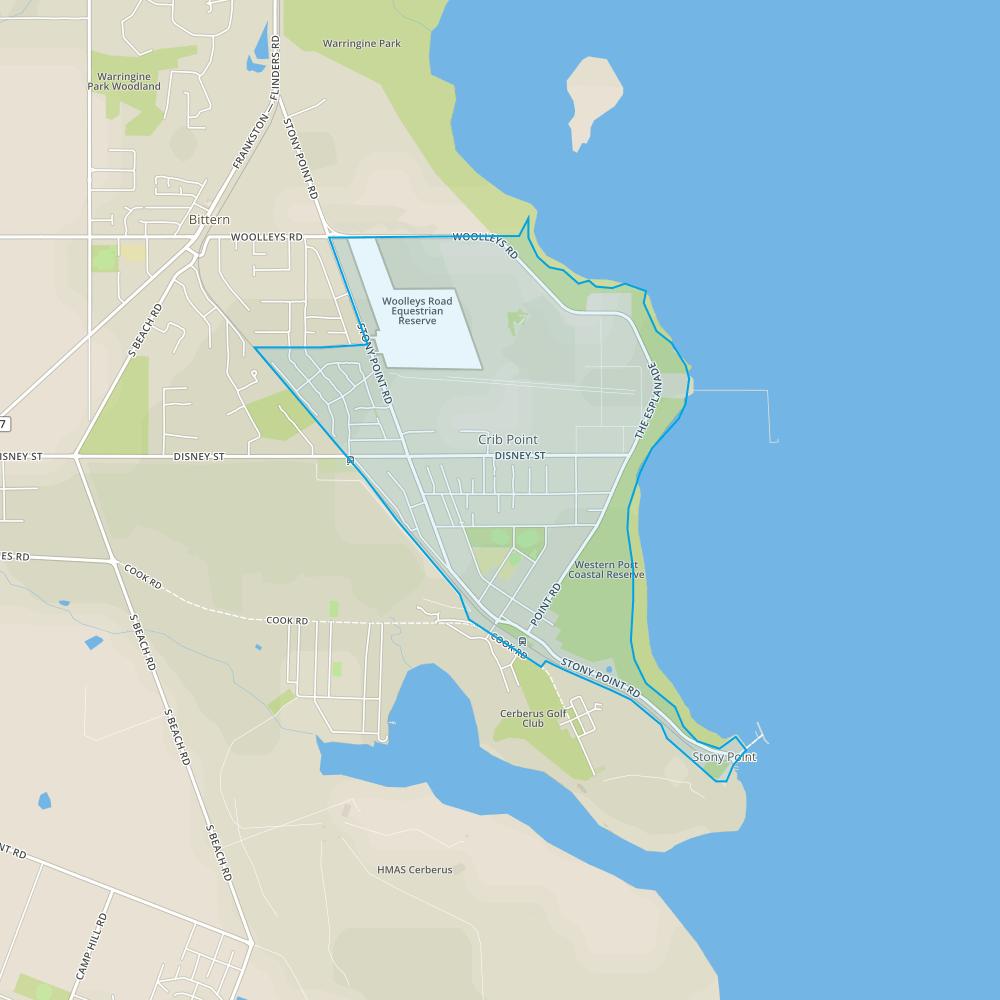RANKING: #7 Houses - Crib Point, VIC 3919 The size of Crib Point is approximately 6.5 square kilometres. It has 7 parks covering nearly 6.6% of total area.