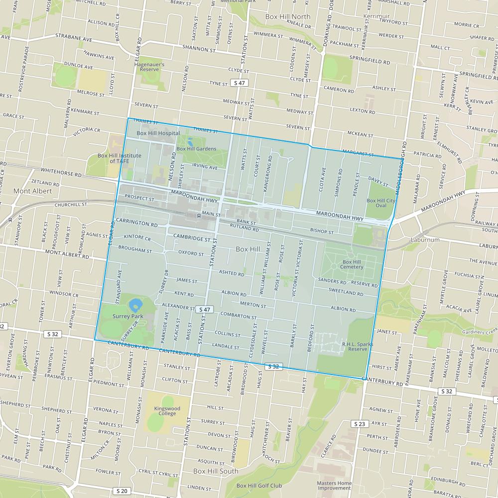 RANKING: #10 Houses - Box Hill, VIC 3128 The size of Box Hill is approximately 3.5 square kilometres. It has 12 parks covering nearly 12.2% of total area.