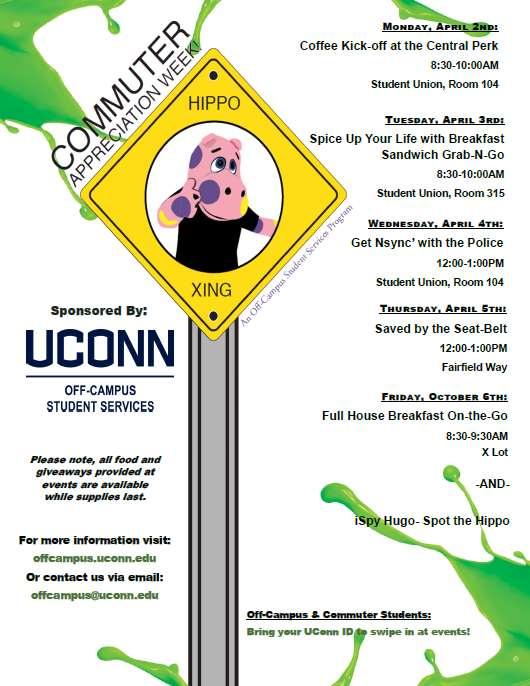 Commuter Appreciation Week Events are held in convenient locations for UConn Commuters such as the Student Union, Fairfield Way, and various