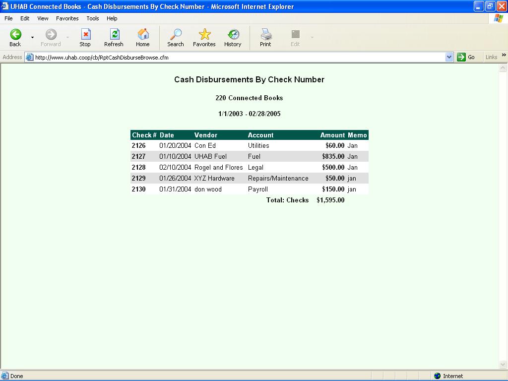 The Cash Disbursements Report displays checks written in sequence of check number. Electronic checks (which do not have check numbers) are displayed separately at the bottom.