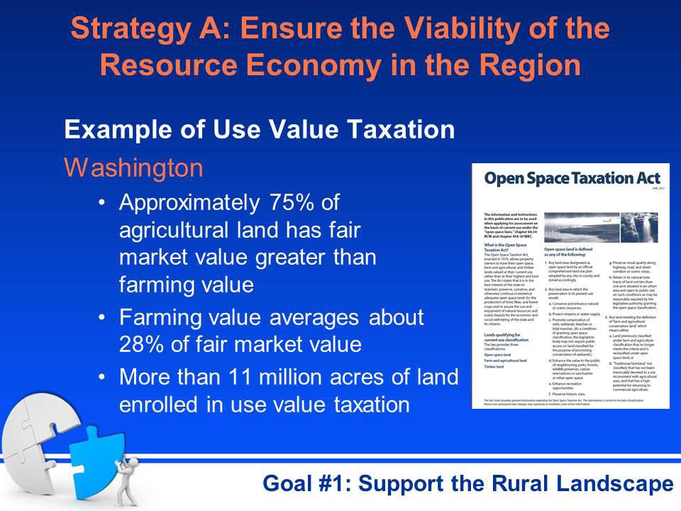 Explain one example of successful implementation of use value taxation. The State of Washington s Open Space Taxation Act was enacted in 1970.