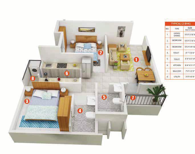 TYPICAL (2 BHK) NO 1 2 TYPE LIVING/ DINING MASTER BED SIZE (feet & inches) 10 4 X 10 9 10 4 X 10 2 NO 1 2 TYPE