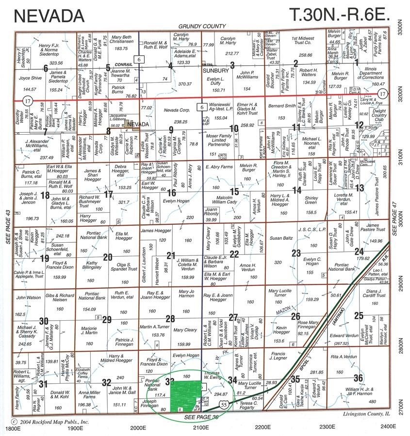 140 AC NEVADA TOWNSHIP PLAT PAGE, LIVINGSTON COUNTY ILLINOIS Plat Map reprinted with