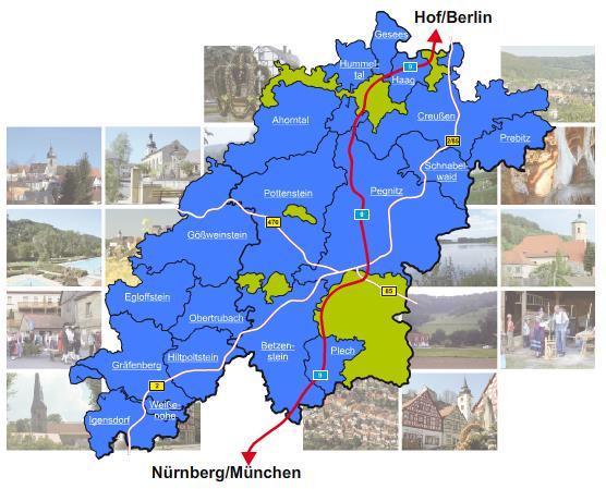 Integrated Rural Development A9 Fränkische Schweiz Urban Rural Partnership of 18 cities and municipalities in structurally weak rural territory which is part of Metropolitan Region Nürnberg.