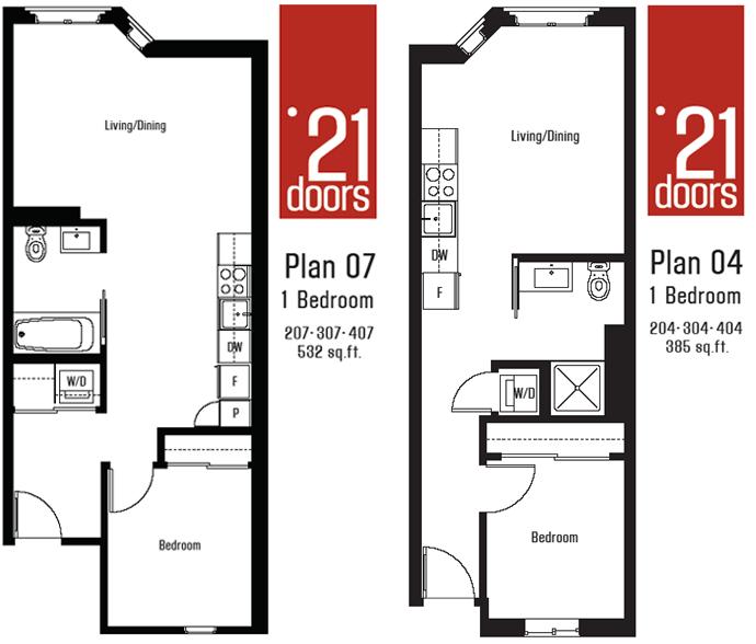 Here are the 21 Doors Floor Plans Released > Plan 01 Studio at 397 square feet > Floor Plan 02 1 Bedroom and 1 Bath at 439 square feet > 21 Doors Floor Plan 03 2 Bedroom Suite with 1 Bathroom at