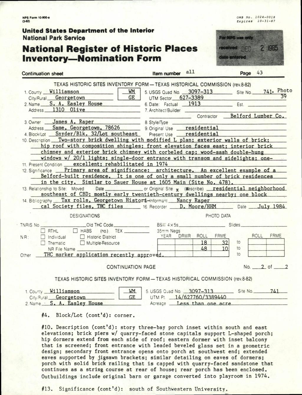 NPS Fonn 10-M0-«(M2) United States Department of the nterior National Park Service National Register off Historic Places nventory Nomination Form Continuation sheet tem numtjer all OMB NO.