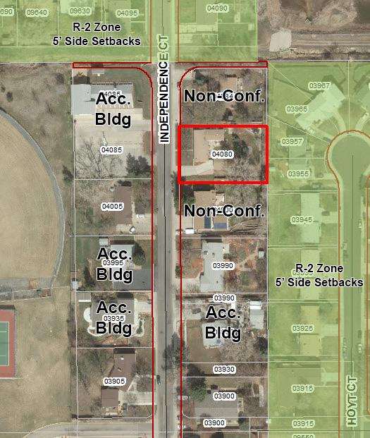 EXHIBIT 8: AREA PROPERTIES WITH NON-CONFORMING SETBACKS A map showing the surrounding properties with non-conforming setbacks. The subject property is outlined in bright red.