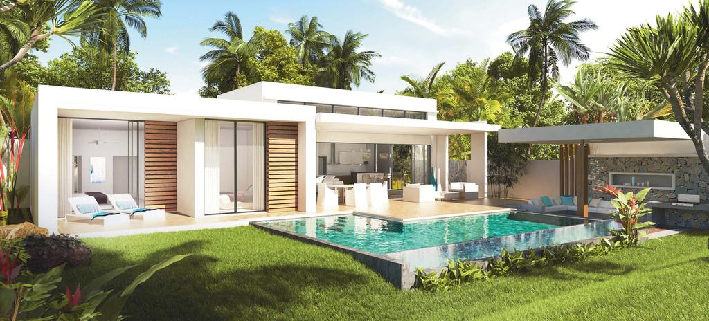 Outdoor Living A lush tropical garden is a pivotal area of Mauritian homes and each villa is conceived to accommodate awnings, cantilevered overhangs and pergolas to encourage and facilitate shaded