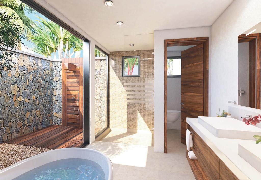 Villa Amenities Beautiful organic Mauritian materials such as sturdy field stones and timber panelling intermingle with the ceramic tile flooring and clean walls, to create a fusion of modern touches