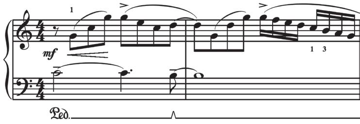 6) Met die herhaling van die openingsmateriaal in maat 9, gebruik Norton n ander harmonisasie as aan die begin. Vergelyk die harmonieë in voorbeeld 1 met die opening in voorbeeld 2.