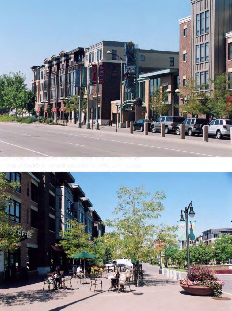 Mid-block parking for residents (included w/ unit cost) and free for shoppers (top) and pedestrian