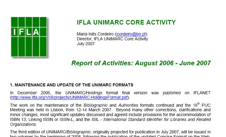 THE IFLA UNIMARC CORE ACTIVITY AN OVERVIEW