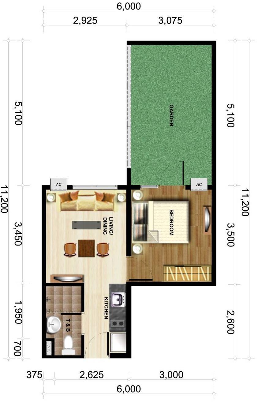 Unit Lay-out 1 Bedroom Garden Type B Total Floor Area: 44.10 sqm Usable Area: 28.80 sqm Garden Area: 15.