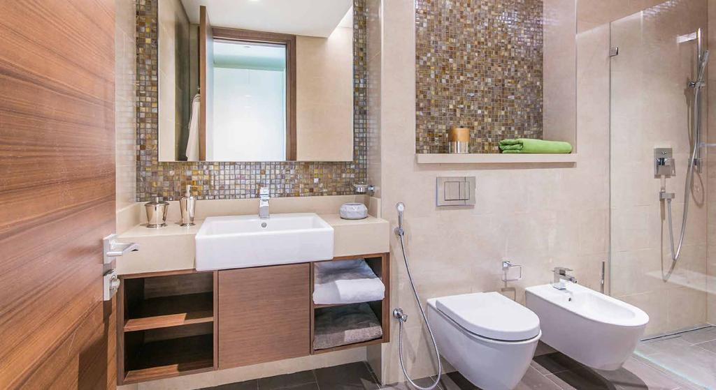 Bathroom With warm hues and hushed tones, spend every