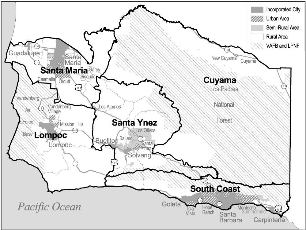 For planning purposes, Santa Barbara County is separated into five Housing Market Areas (HMA): South Coast, Santa Ynez, Lompoc, Santa Maria, and Cuyama (Figure 6.1).