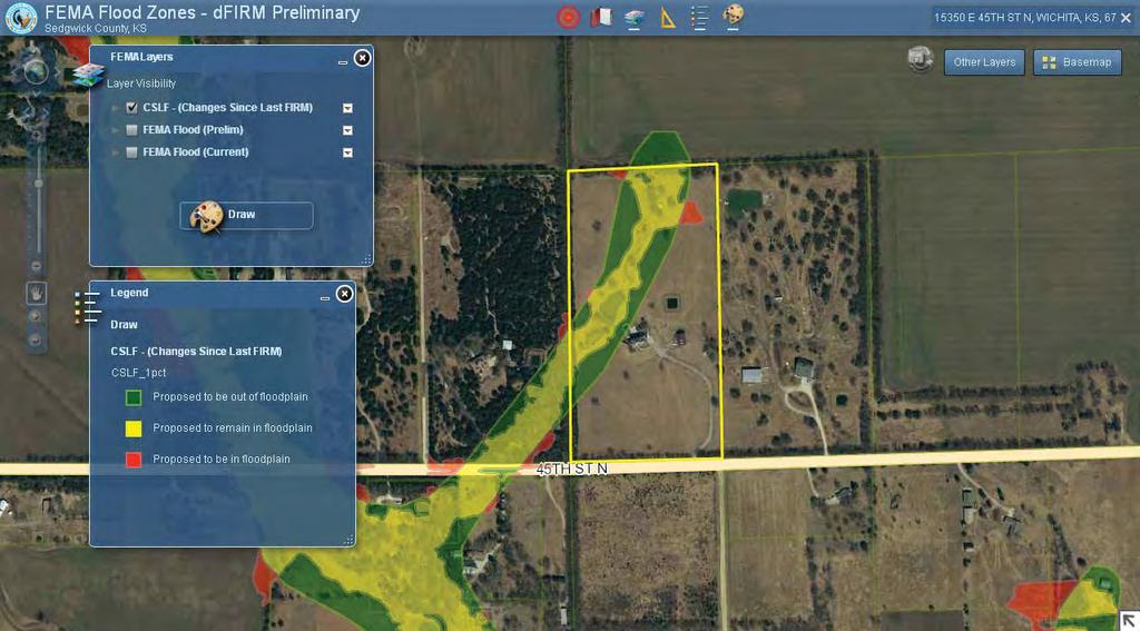 15350 E 45th St N, Wichita, KS Proposed FEMA Map Possibly Effective Late 2016 This Application displays the PRELIMINARY floodplain boundaries received from the Kansas Department of Agriculture