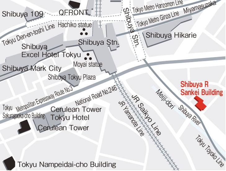 Location Map of Shibuya R Sankei Building Location : 3-10-13, Shibuya, Shibuya-ku, Tokyo Nearest Station : Approximately a two-minute walk from Shibuya Station on the JR Lines Approximately a