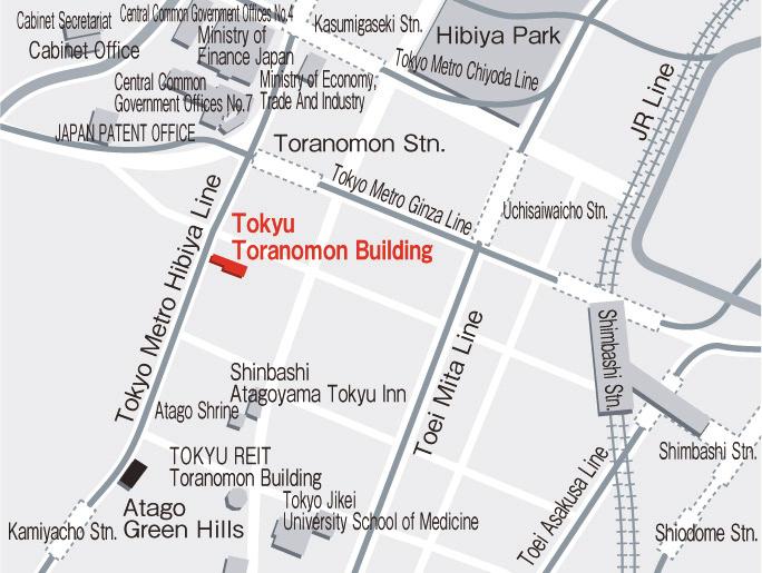 Location Map of Tokyu Toranomon Building Location : 1-21-19, Toranomon, Minato-ku, Tokyo Nearest Station : Approximately a three-minute walk from Toranomon Station on the Tokyo Metro Ginza Line